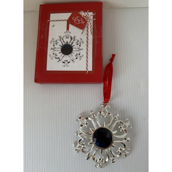 Lenox jeweled Snowflake Christmas Ornament Silverplate Sapphire ornate filigree - Picture 1 of 6